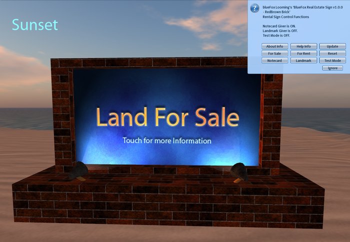 Menu Driven blueFox Real Estate Sign - Land For Sale or Rent Options - NOTECARD AND LANDMARK GIVER 