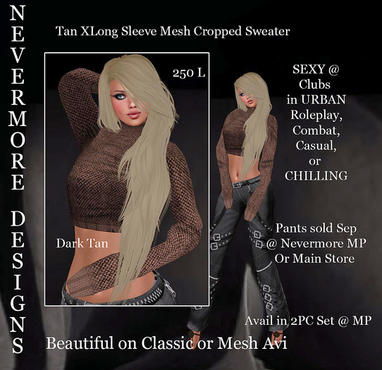 Nevermore 2 PC Set Tan Cropped XLong Sleeve Mesh Sweater Box