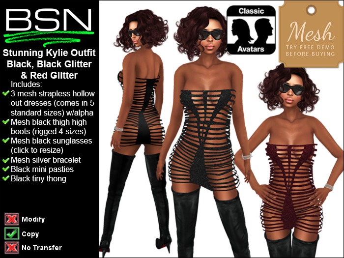 BSN Stunning Kylie Outfit - Black, Black Glitter & Red Glitter