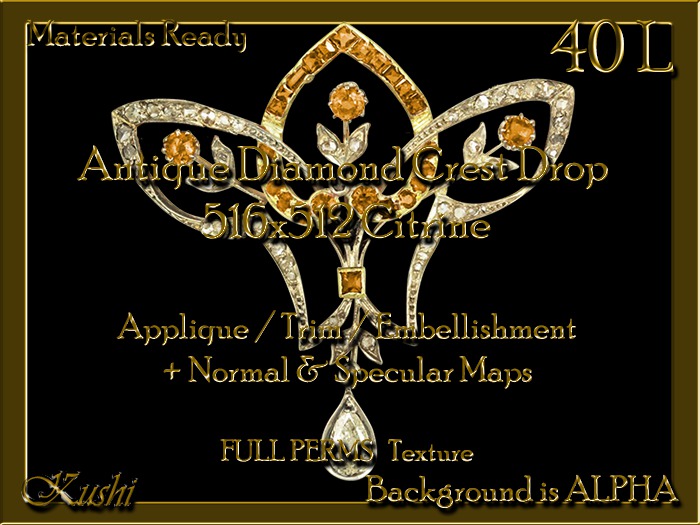 Antique Diamond Crest Drop 516x512 Citrine Applique / Embellishment / Trim with Alpha Full Perms Materials Ready