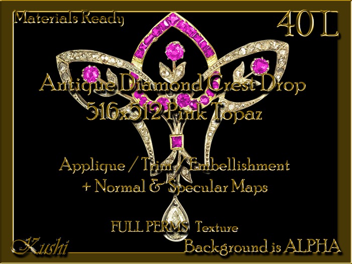 Antique Diamond Crest Drop 516x512 Pink Topaz Applique / Embellishment / Trim with Alpha Full Perms Materials Ready