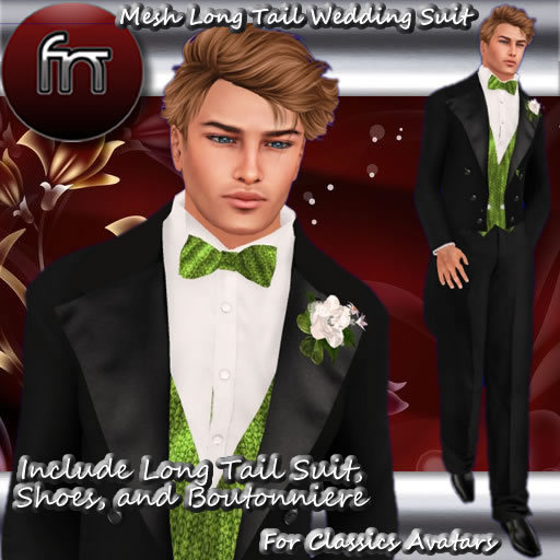 [FN] Classic Av Long Tail Wedding Suit Silk Green WB- Suit Bag