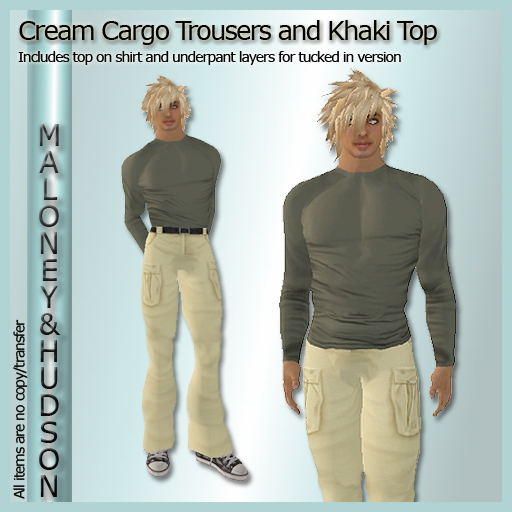Mens Cream Cargo Trousers and Khaki Top