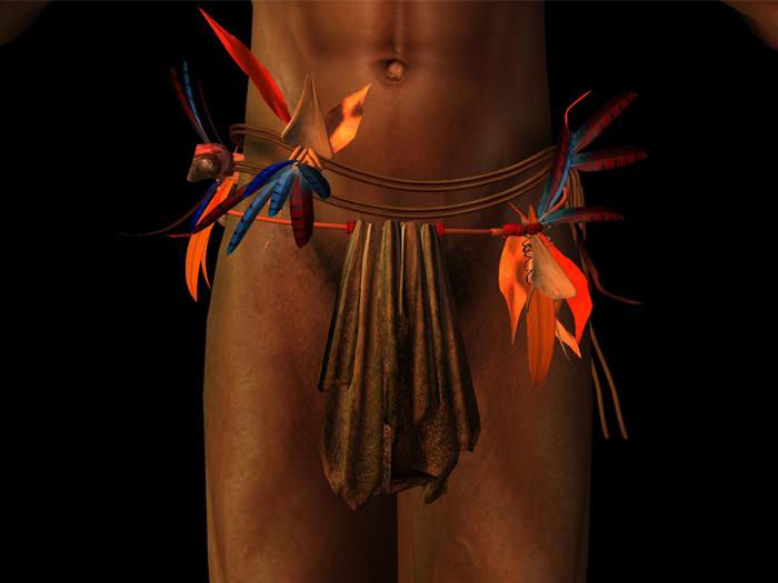 loincloth ax, blue and red feather and leather