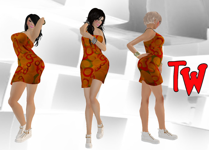 TW>One Shoulder Chain Strap Dress Orange Circles