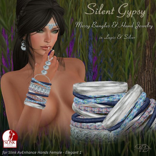 *TD* Silent Gypsy Bangle & Hand Jewelry Set in Lapis/Silver  BX