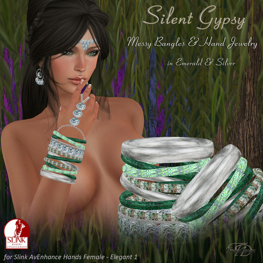 *TD* Silent Gypsy Bangle & Hand Jewelry Set in Emerald/Silver B