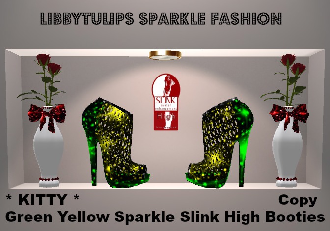 * Kitty * Green Yellow Sparkle Slink High Booties