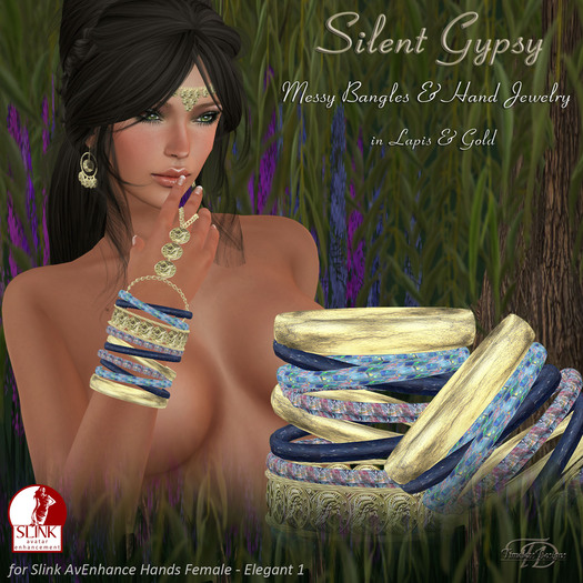 *TD* Silent Gypsy Bangle & Hand Jewelry Set in Lapis/Gold   BX