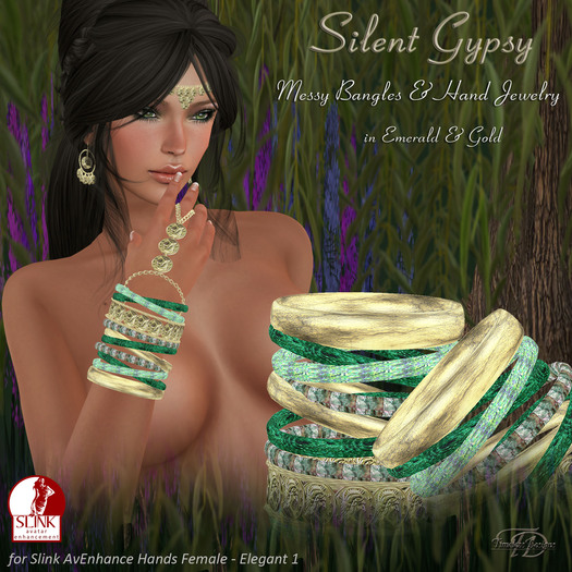 Silent Gypsy Bangle & Hand Jewelry Set in Emerald/Gold