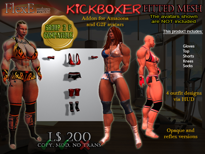 [Kickboxer] Fitted mesh addon for "Amazona" and G2F FlexE avatars