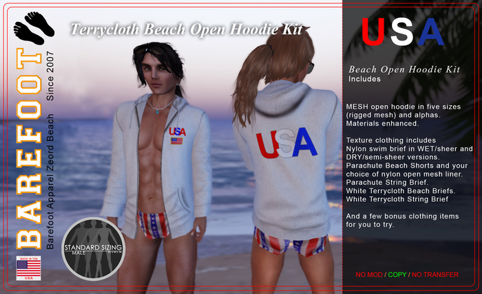 USA Terry Cloth Open Hoodie Beach Kit