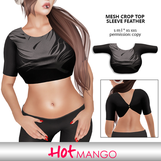 * Hot ManGo * Mesh Crop Top Mid Sleeve Feather