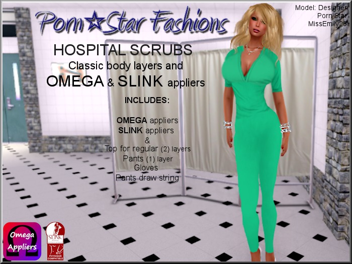 Porn*Star Fashions WOMENS GREEN Hospital Scrubs with OMEGA & SLINK appliers