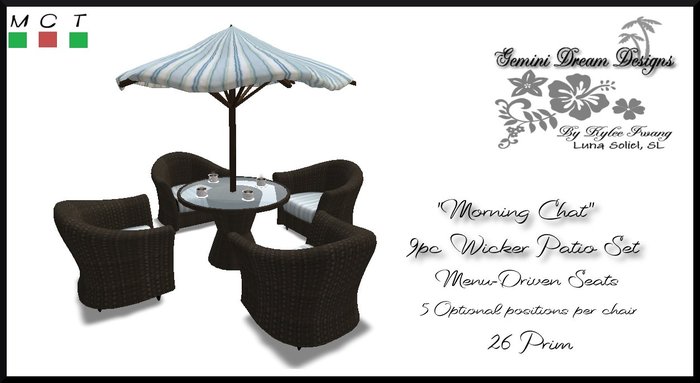 *GDD* "Morning Chat" Wicker Patio Set - Blue Stripes