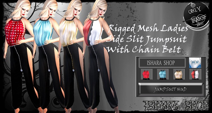 Rigged Mesh Ladies Side Slit Jumpsuit With Chain Belt