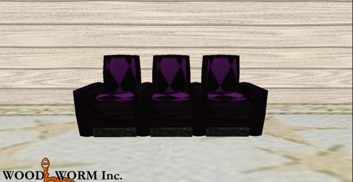 A seating row with three black-purple seats for three sitters