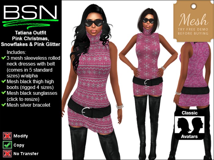BSN Tatiana Outfit - Pink Christmas, Snowflakes & Pink Glitter