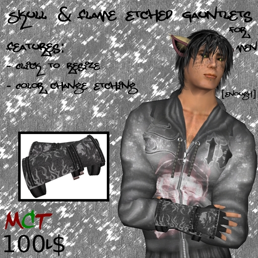 [Enough]Male Skull Flame Etched Gauntlets