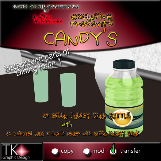 CANDYs * 2x GREEN ENERGY DRINK BOTTLE with 2x animated WIKO * Plastic beaker with GREEN ENERGY DRINK - For real play ...
