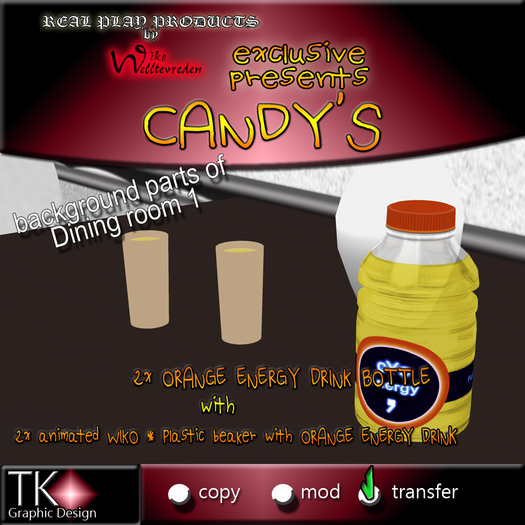 CANDYs * 2x ORANGE ENERGY DRINK BOTTLE with 2x animated WIKO * Plastic beaker with ORANGE ENERGY DRINK - For real play 