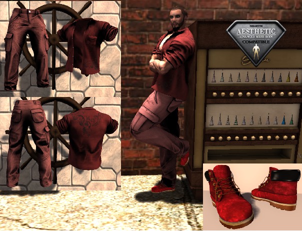 Cargo Pants -FLAT MALE BootsUnbuttoned Short Sleeve  Red