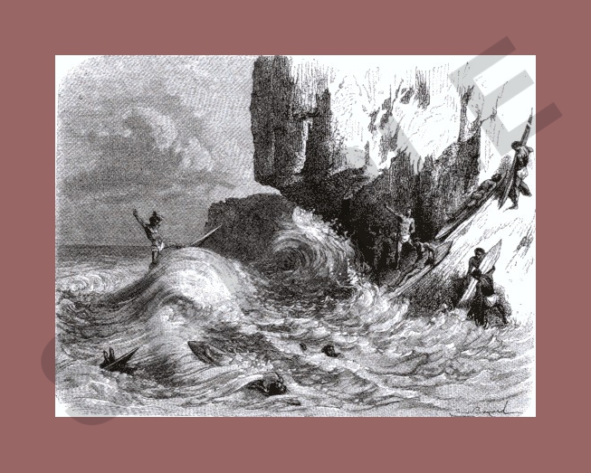 VINTAGE ETCHING OF SURFING HAWAII 1873, 1st Pre Photography image of surfing
