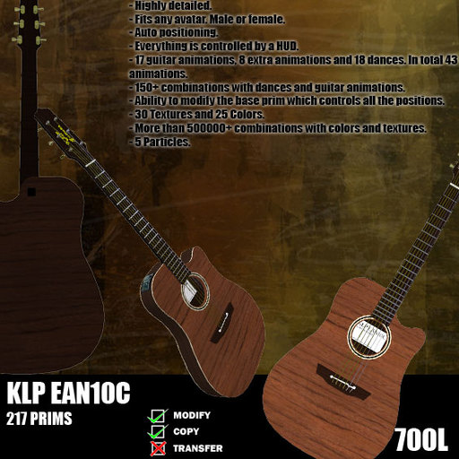 KLP EAN10C Acoustic Guitar. 43 Animations, Hud, Auto Position, 30 TEXTURES, GUITARS IBANEZ FENDER