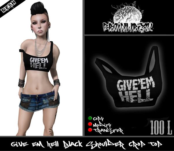 .::::Brain Wreck:::. Give em Hell  Shoulder Crop Top Black