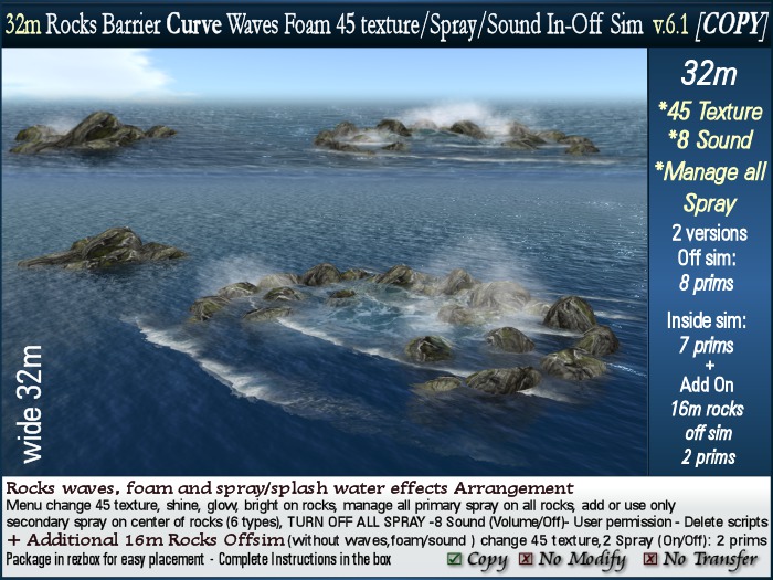 v6 32m Rocks Barrier Curve with sea waves foam. Change 45 text,sound,splash effects.In / Off sim COPY