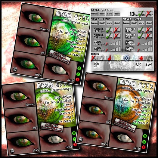 0o Morph Mesh Eyes LILITH + HUD (3 colors in GREEN tones + incl DEAD version)