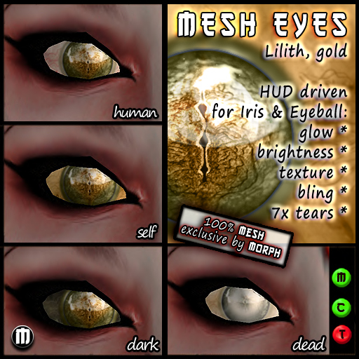 0o Morph Mesh Eyes LILITH + HUD (3 colors in GOLD tones + incl DEAD version)
