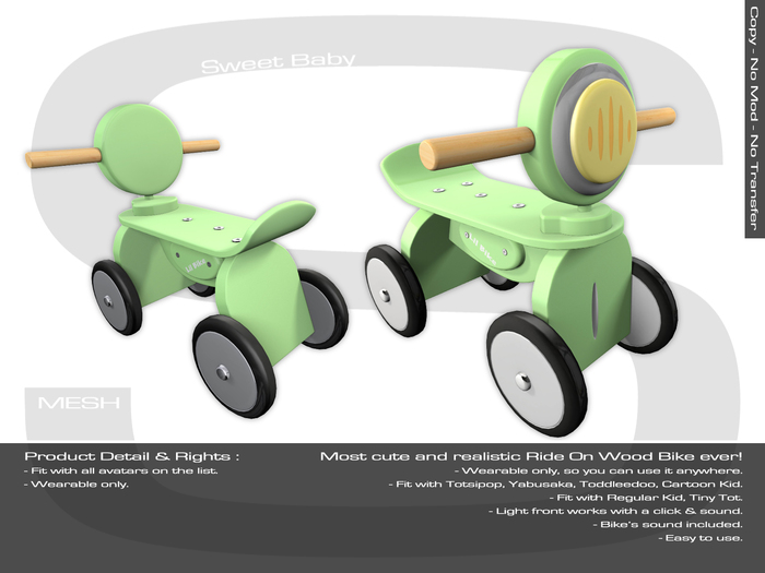 Sweet Baby - Ride On Wood Bike Mesh Green