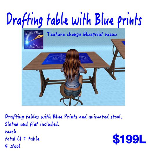 Drafting Tables with Blueprint text.change menu & stoool (crated)