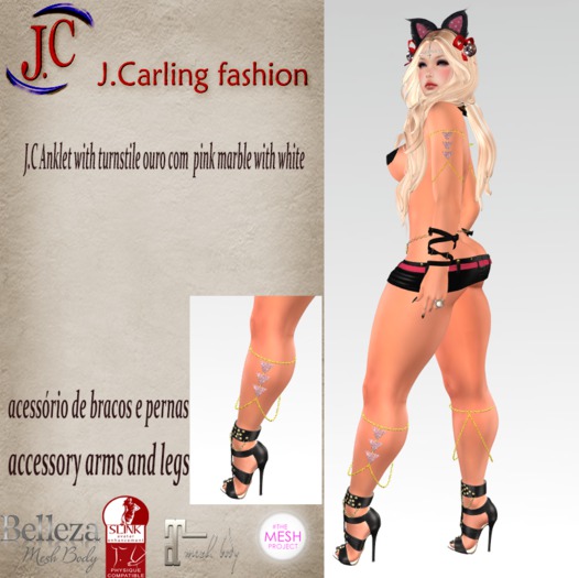 J.C Anklet with turnstile ouro com  pink marble with white