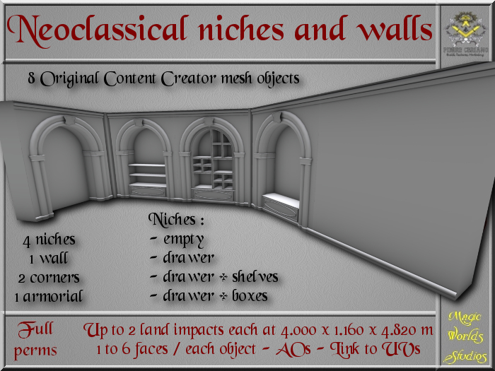 Neoclassical niches - 2 LI each - 8 FULL PERMS Meshes