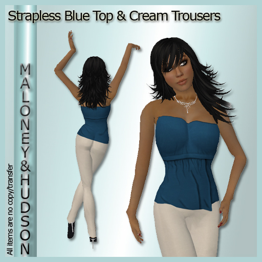 Ladies Blue Strapless Top and Cream Trousers