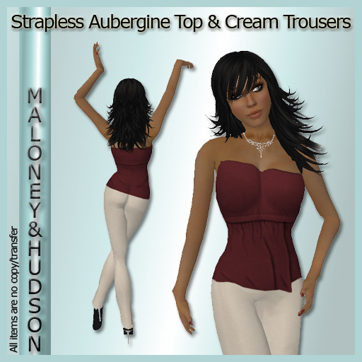 Ladies Aubergine Strapless Top and Cream Trousers