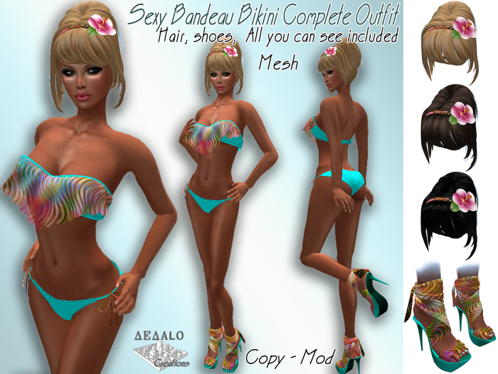 Beachwear - Sexy Bandeau Bikini Complete Outfit - Mesh - HAIR AND SHOES INCLUDED!!! * SPECIAL PRICE Dedalo * - 50% OFF -