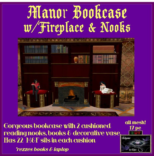 *EbE* Manor Bookcase w/Fireplace & Cushioned Reading Nooks (dark) (mesh)