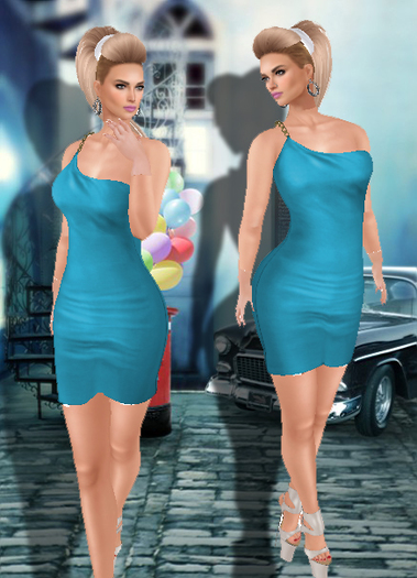 FIRU-Mesh_One Shoulder Chain Strap Dress-BLUE