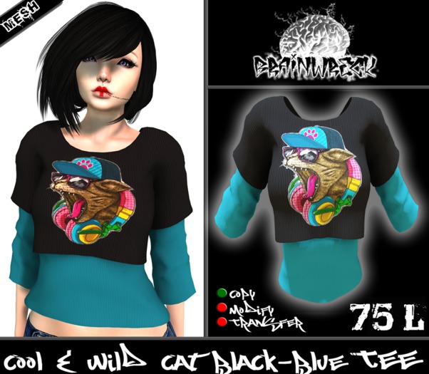 .::Brain Wreck::.  Women's Cool & Wild Cat Black-Blue Tee