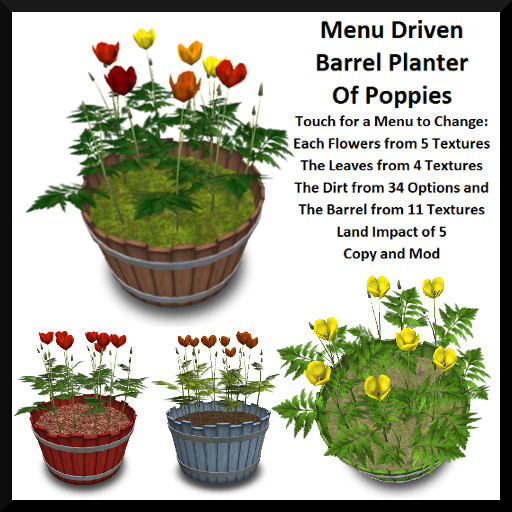 Menu Driven Barrel Planter of Poppies