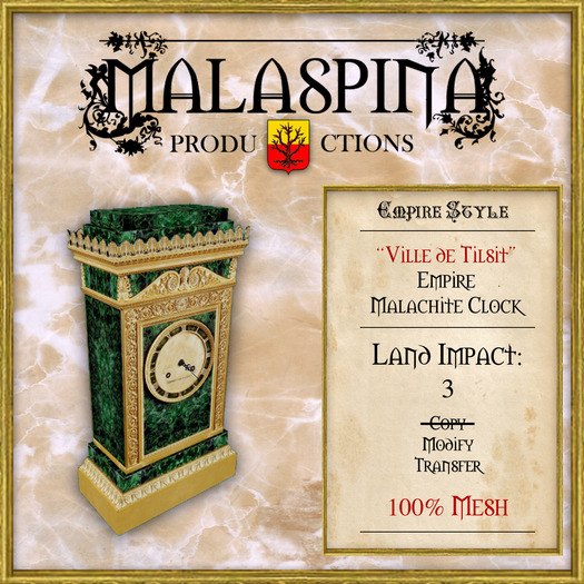 LM Malaspina "Ville de Tilsit " Empire Malachite Clock