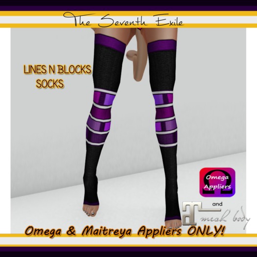 T7E - Lines N Blocks Socks: Black & Purple - Omega & Maitreya Appliers