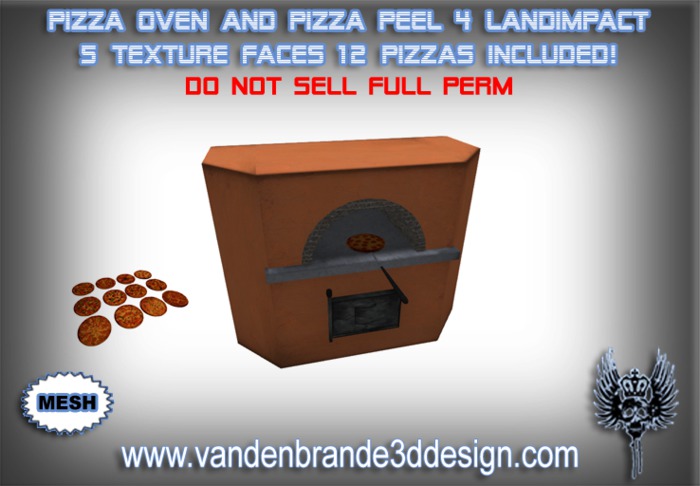 ~Full perm MESH pizza oven + pizza peel, 5 texture faces 4 prims + 12 Pizzas included