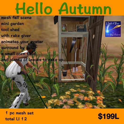 Hello Autumn -Fall Scene Raking Leaves with rake giver