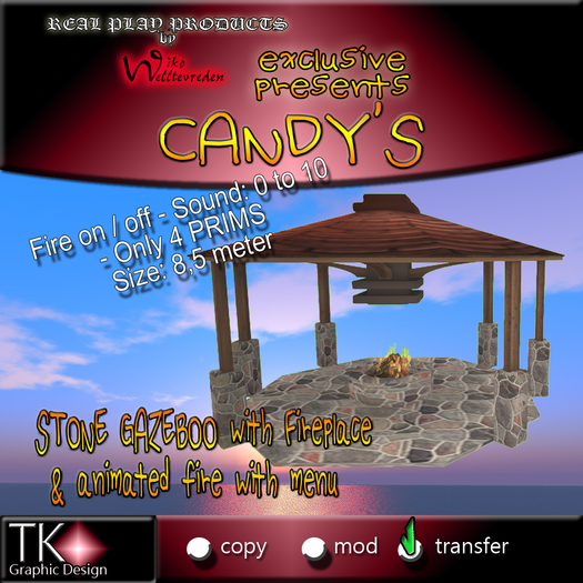 CANDYs * STONE GAZEBO with Fireplace & animated fire with menu - only 4 PRIMS - SIZE: 8,5 Meters