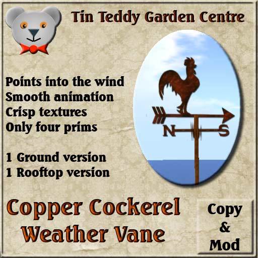 Tin Teddy/YavaScript Weather Vane - Copper Cockerel  (windvane)