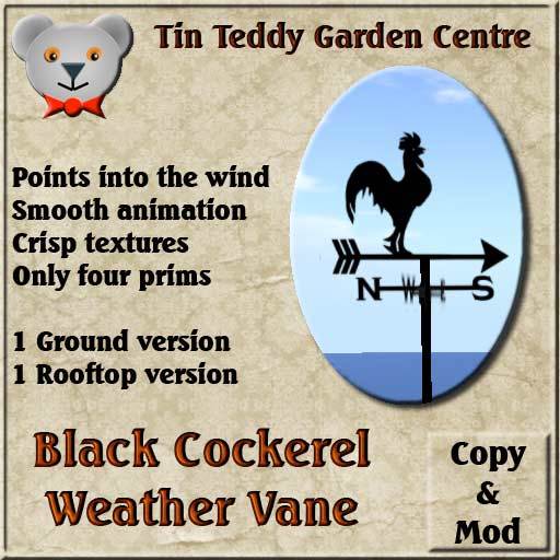 Tin Teddy/YavaScript Weather Vane - Black Cockerel  (windvane)